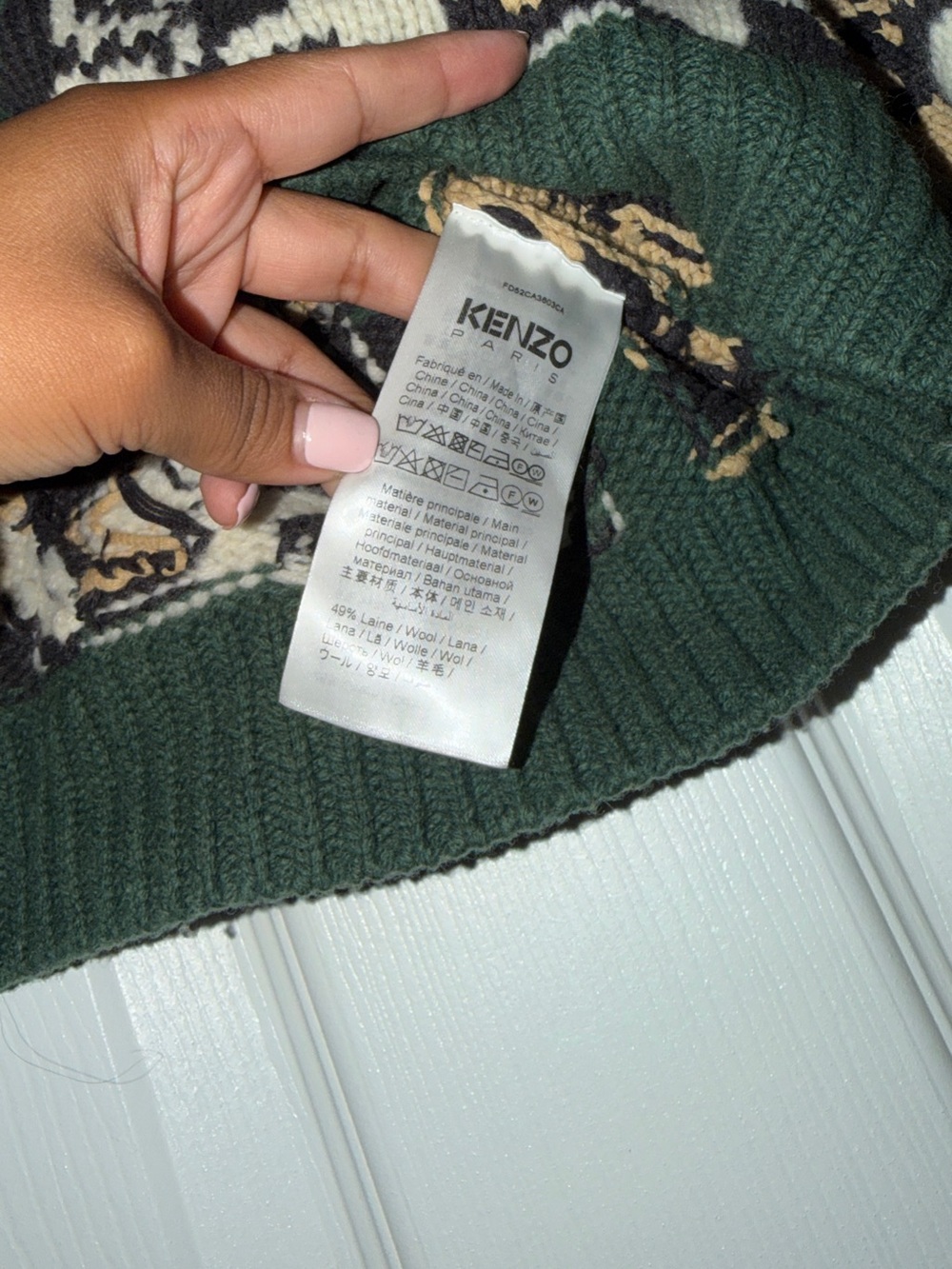 KENZO Green Cowl Neck Wool Blend Sweater with Contrast Pattern